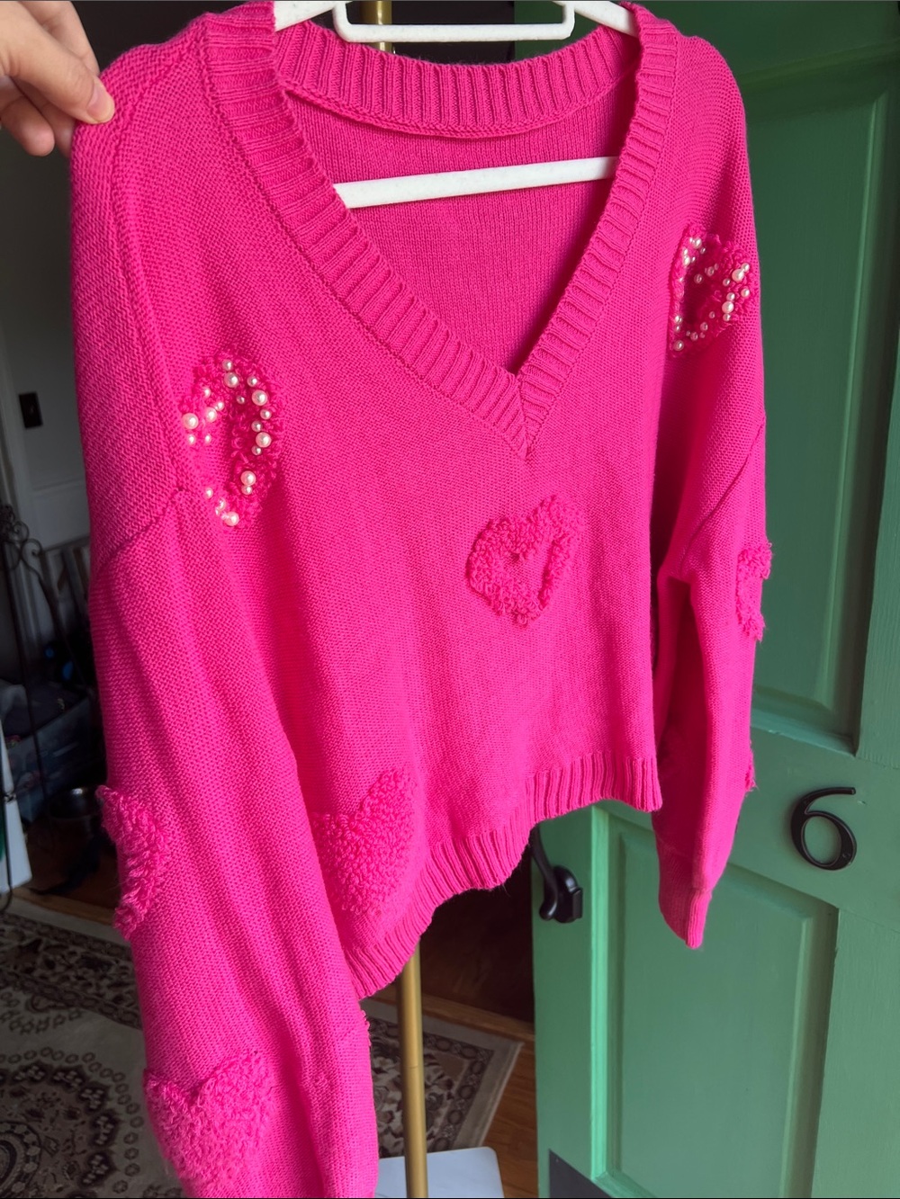 SHEIN so soft Pink V-Neck cropped Heart Sweater with Pearl Accents Size L NEW